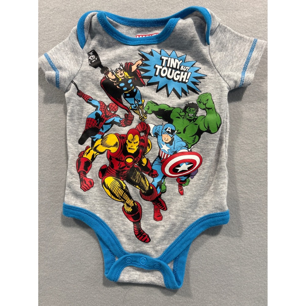 Marvel Avengers Tiny But Tough Gray Graphic Bodysuit Infant 0-3M Short Sleeve - Picture 1 of 4